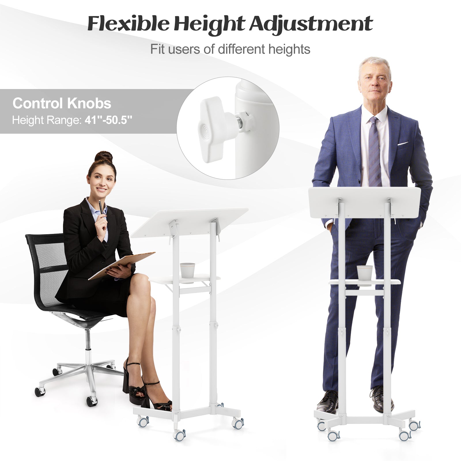 Mobile Lectern Podium Height-adjustable Rolling Laptop Cart with Tilting Top Storage Tray-White