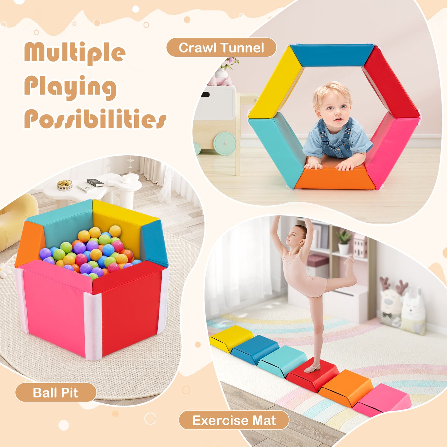 Hexagon Kids Ball Pit Foam Climbing Exercise Mat with Detachable PU Covers-Multicolor