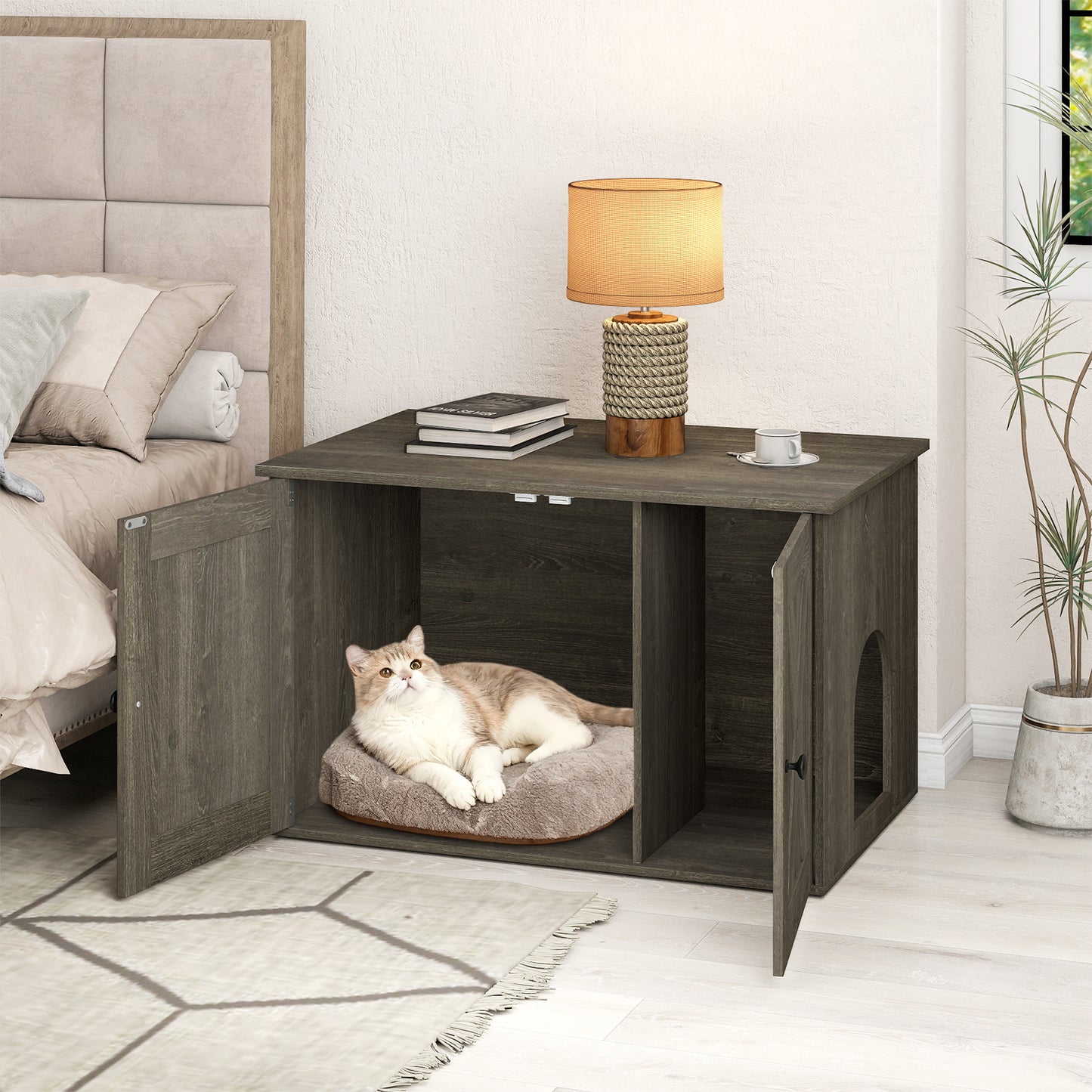 Hidden Cat Litter Box Enclosure Furniture with Divider-Oak