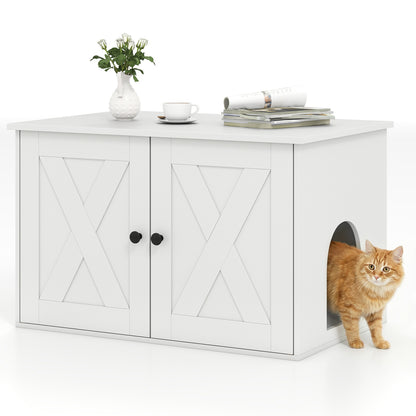 Hidden Cat Litter Box Enclosure Furniture with Divider-Oak - White