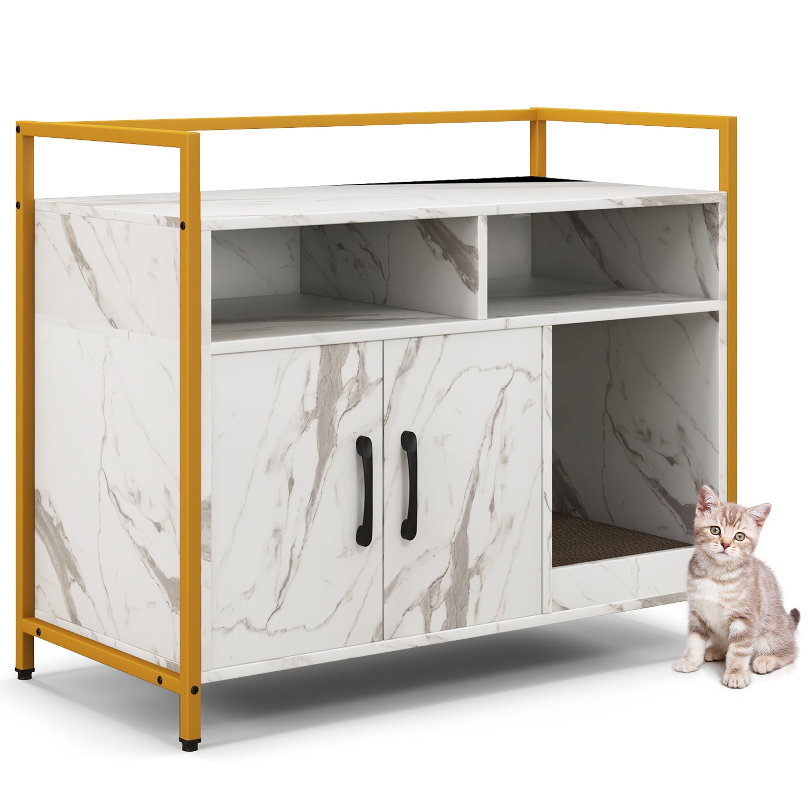 Hidden Cat Washroom with Double Doors and Scratch Cardboard-White - White