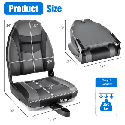 High Back Folding Boat Seats with Black Grey Sponge Cushion and Flexible Hinges-Black - Set Of 2