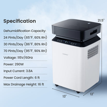 70/90 Pint 4500/6000 Sq. Ft Dehumidifier with Continuous and Auto Mode