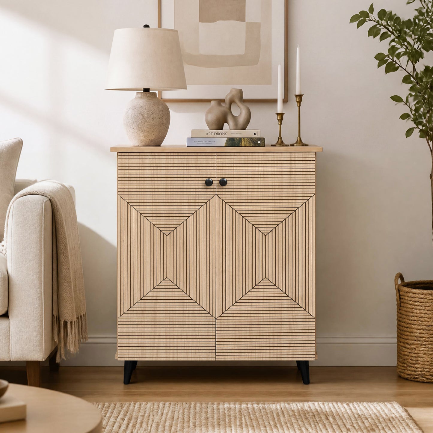 2-Door Geometric Shoe Cabinet with Carved Panels