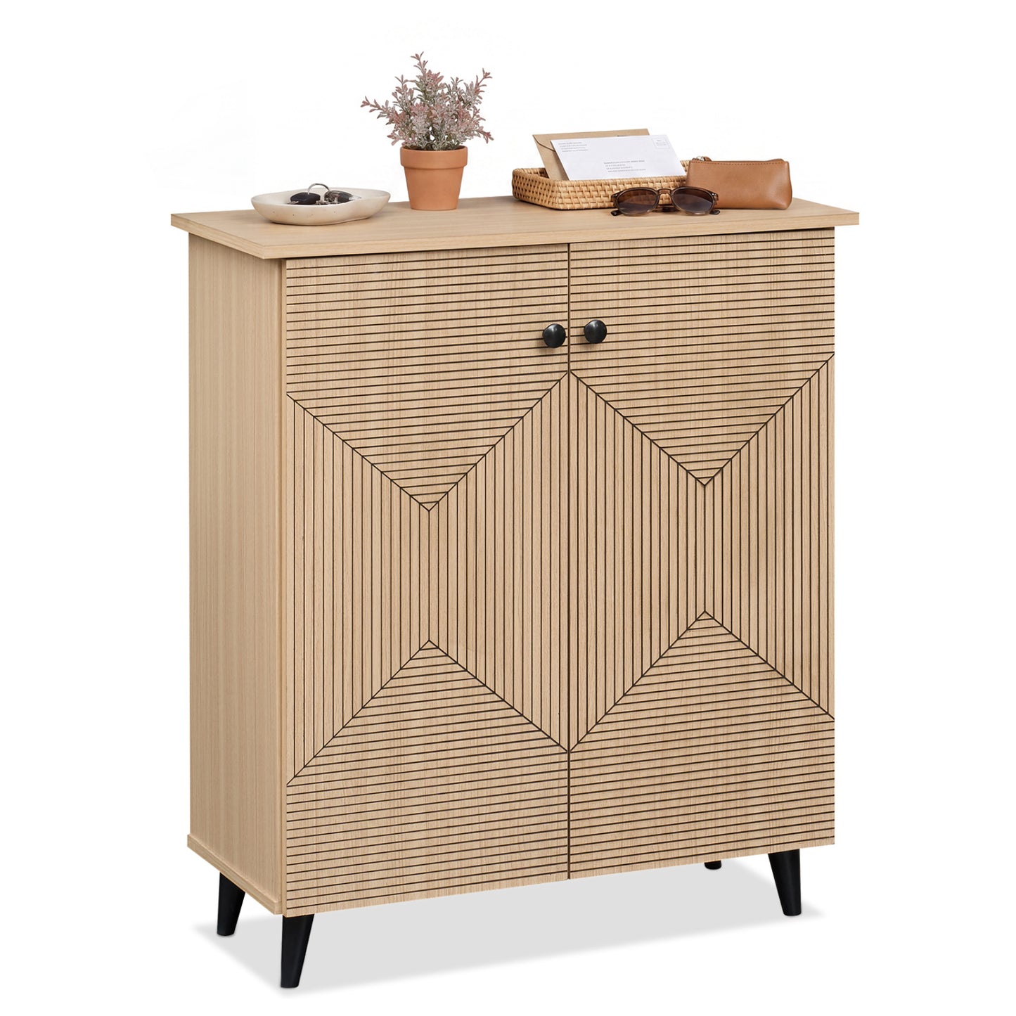 2-Door Geometric Shoe Cabinet with Carved Panels
