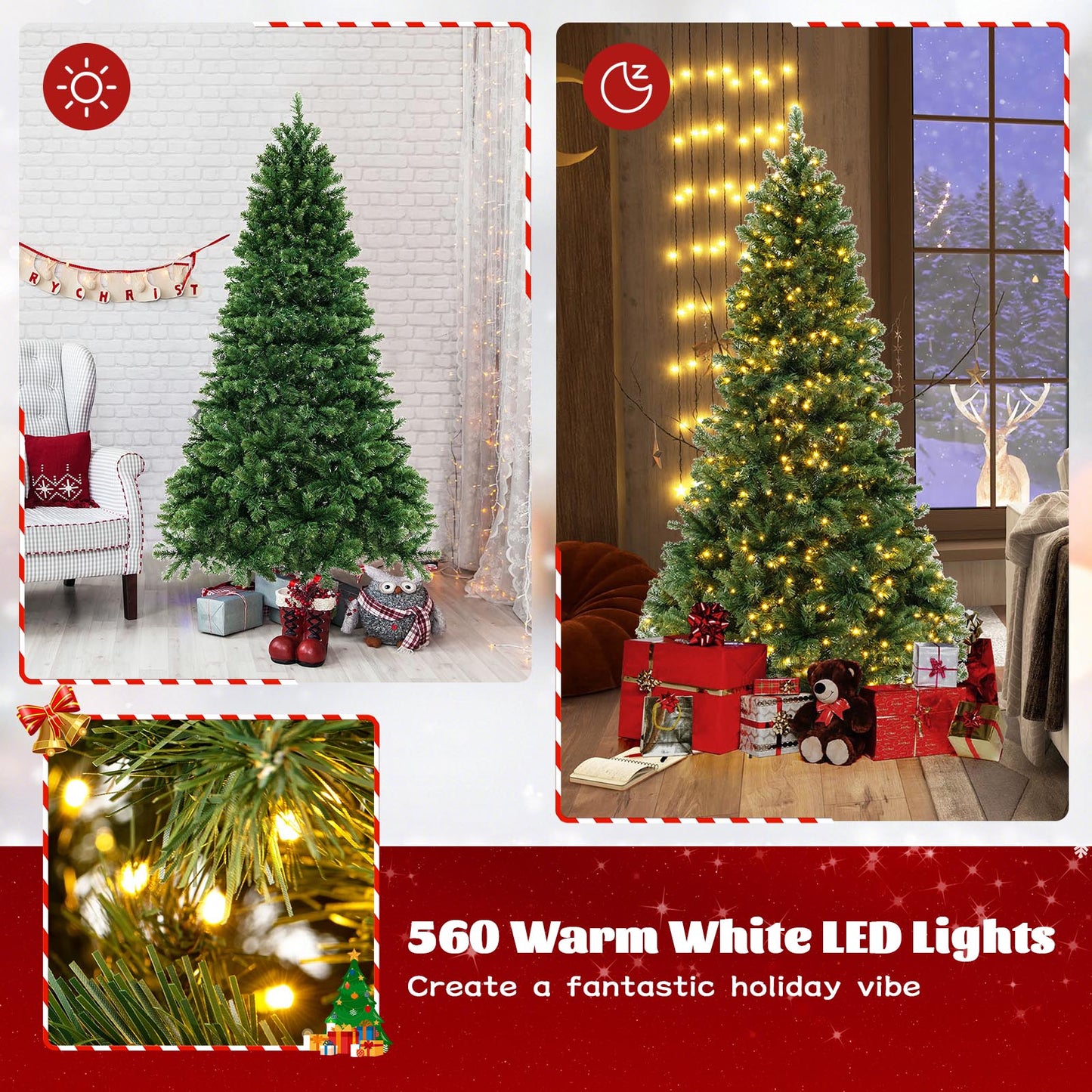 6/7/8 Feet Hinged Christmas Tree with PVC Branch Tips Warm White LED Lights