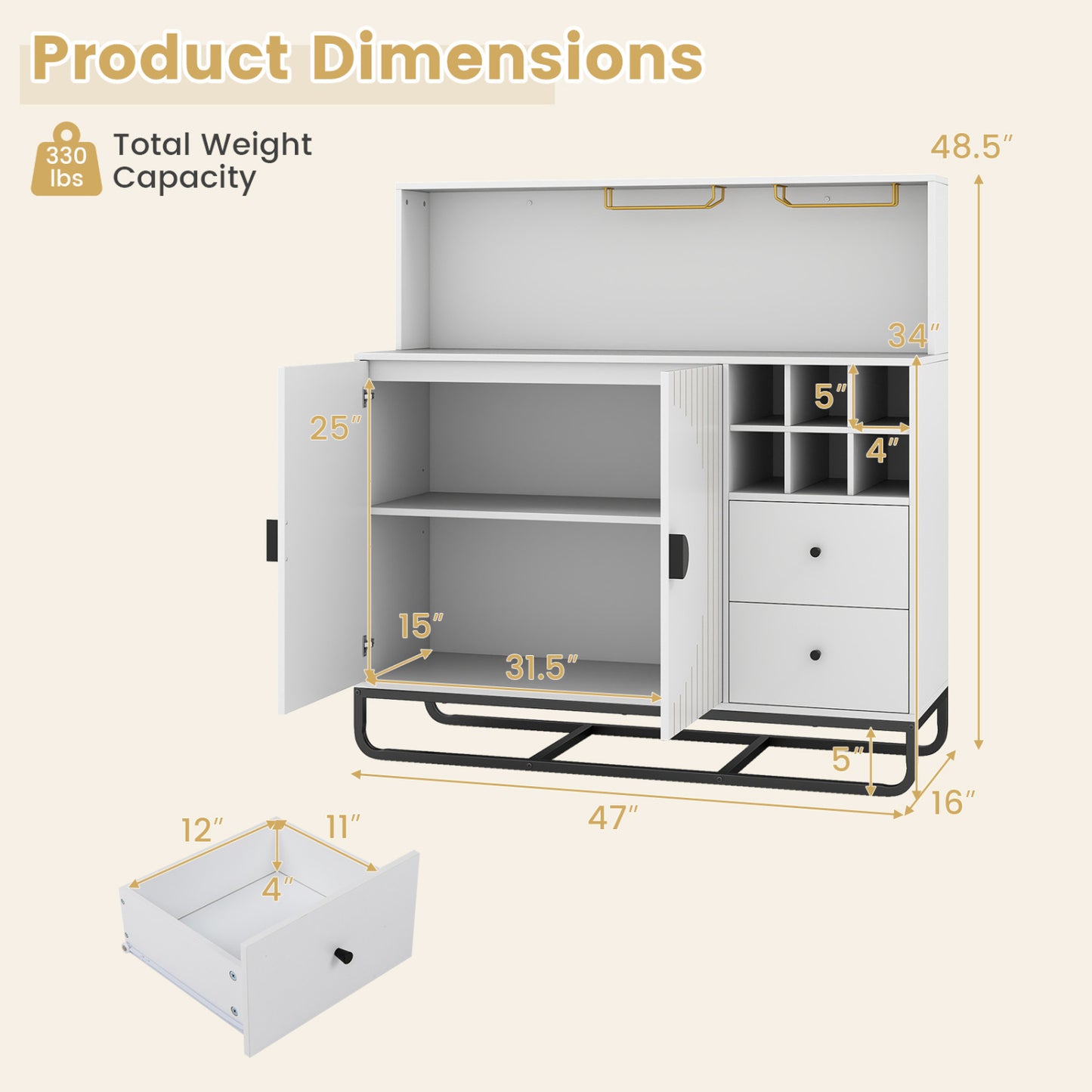 Bar Cabinet with Wine Rack and Glass Holder - 47" Wide