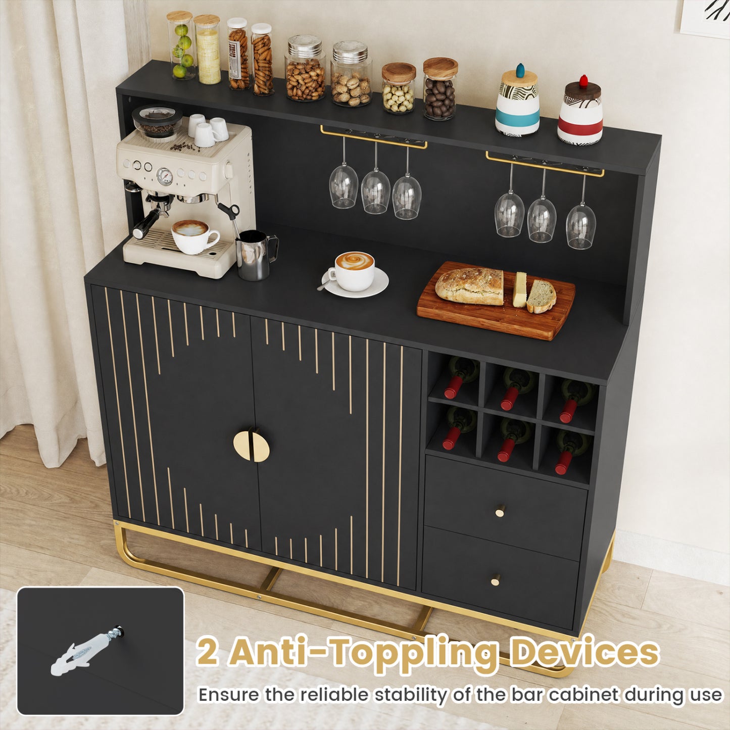 Bar Cabinet with Wine Rack and Glass Holder - 47" Wide
