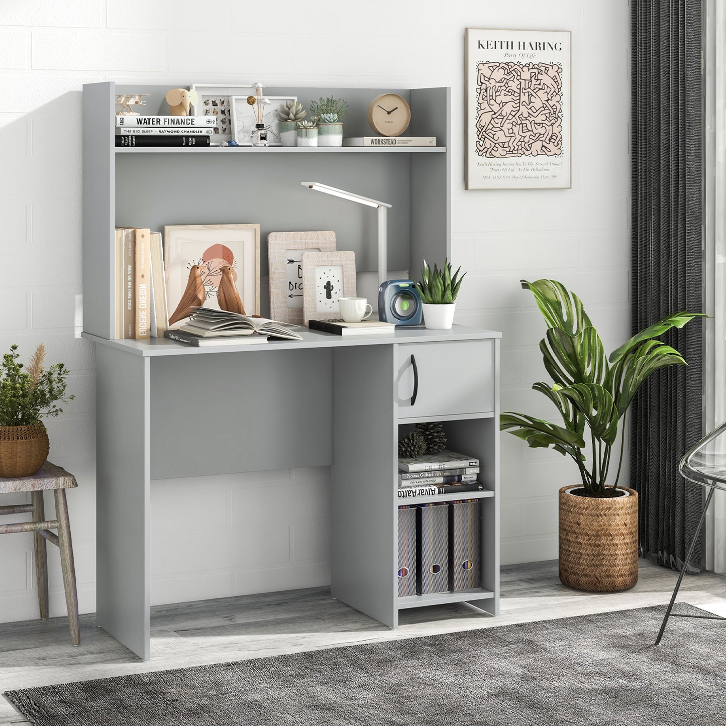 Home Office Desk with Raised Display Shelf and 2 Open Shelves