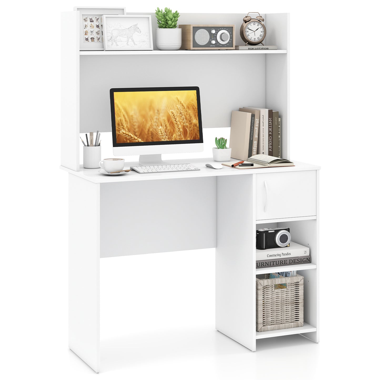 Home Office Desk with Raised Display Shelf and 2 Open Shelves-Gray - White