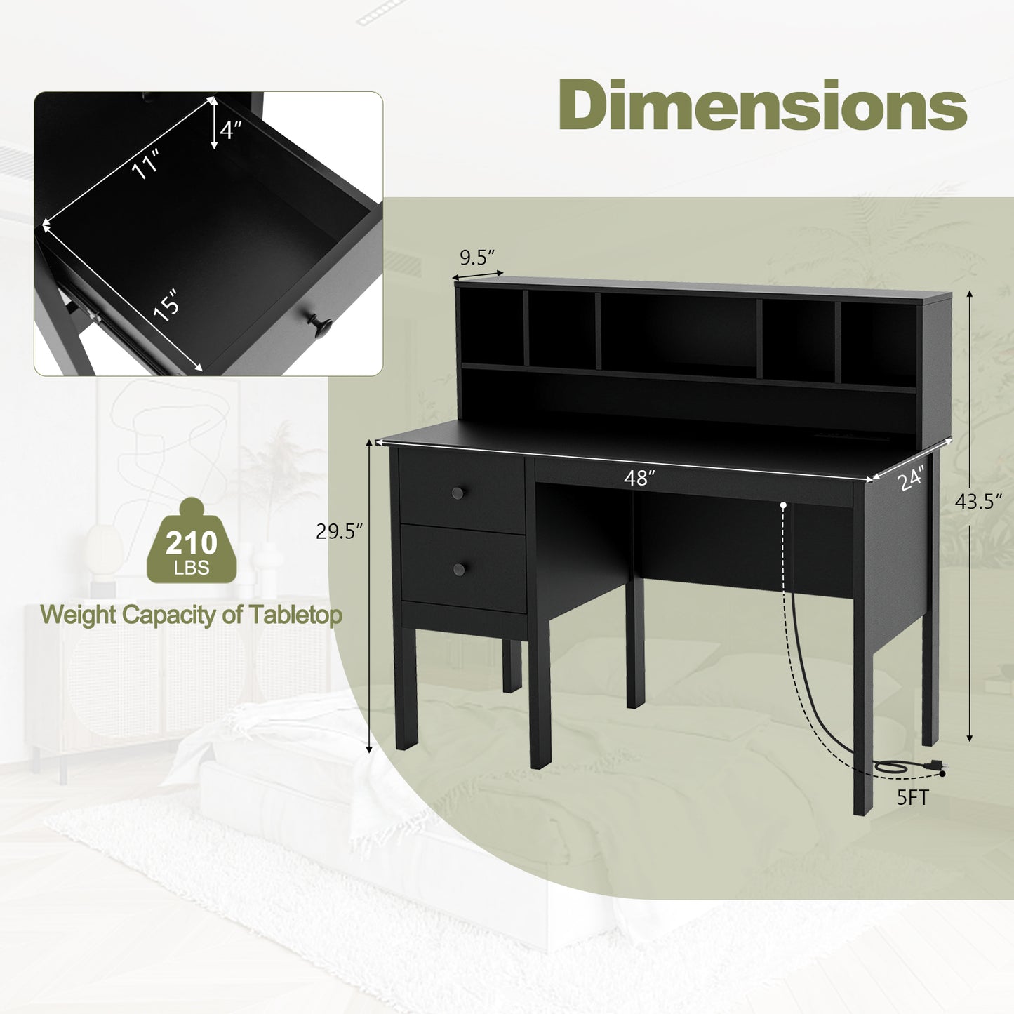 48 Inch Computer Desk with Drawers Power Outlets