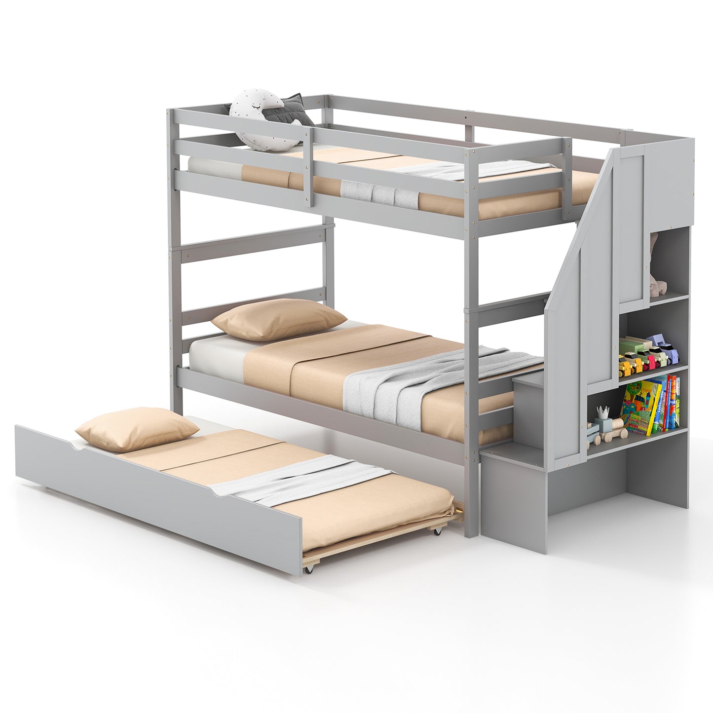 Home Wood Bunk Bed with Guard Rail and 4-step Storage Stairs No Box Spring Needed-Brown - Gray