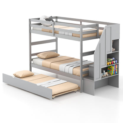 Home Wood Bunk Bed with Guard Rail and 4-step Storage Stairs No Box Spring Needed-Brown - Gray