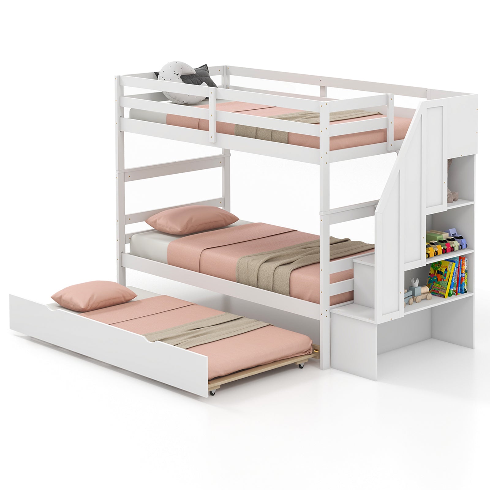 Home Wood Bunk Bed with Guard Rail and 4-step Storage Stairs No Box Spring Needed-Brown - White