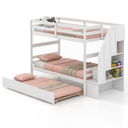 Home Wood Bunk Bed with Guard Rail and 4-step Storage Stairs No Box Spring Needed-Brown - White