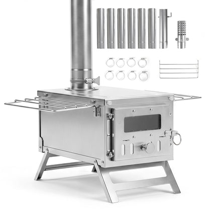 Portable Wood Burning Tent Stove with 7 Chimney Pipes