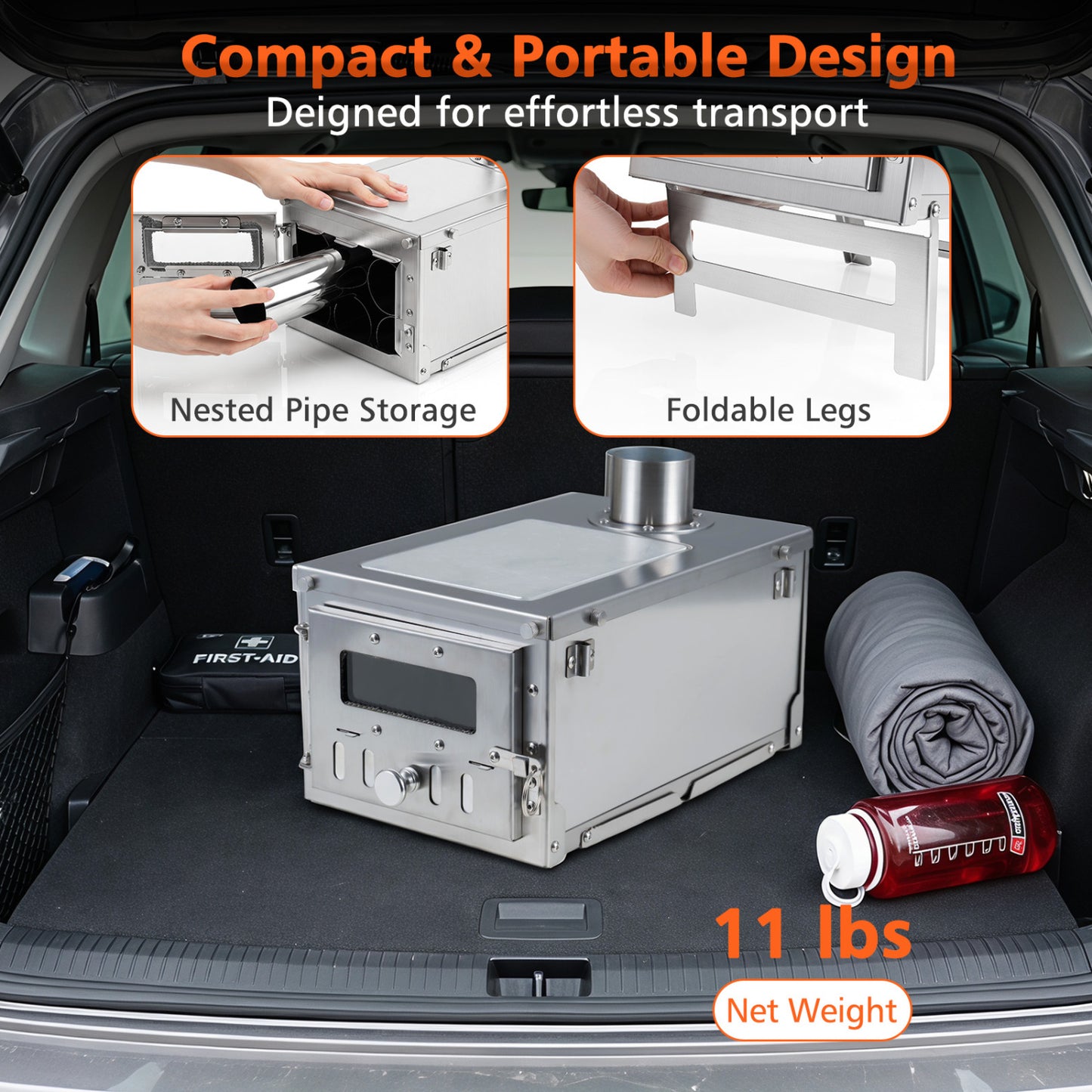 Portable Wood Burning Tent Stove with 7 Chimney Pipes
