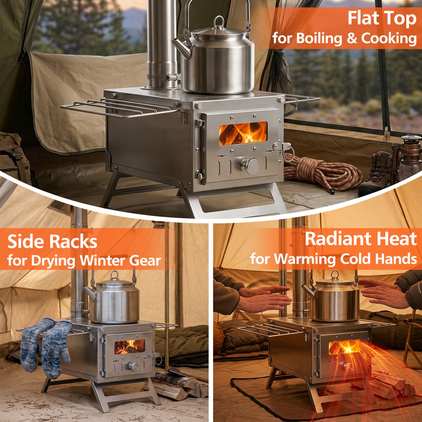 Portable Wood Burning Tent Stove with 7 Chimney Pipes