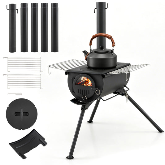 Hot Tent Stove with Chimney Pipes and Foldable Legs for Outdoor Heating