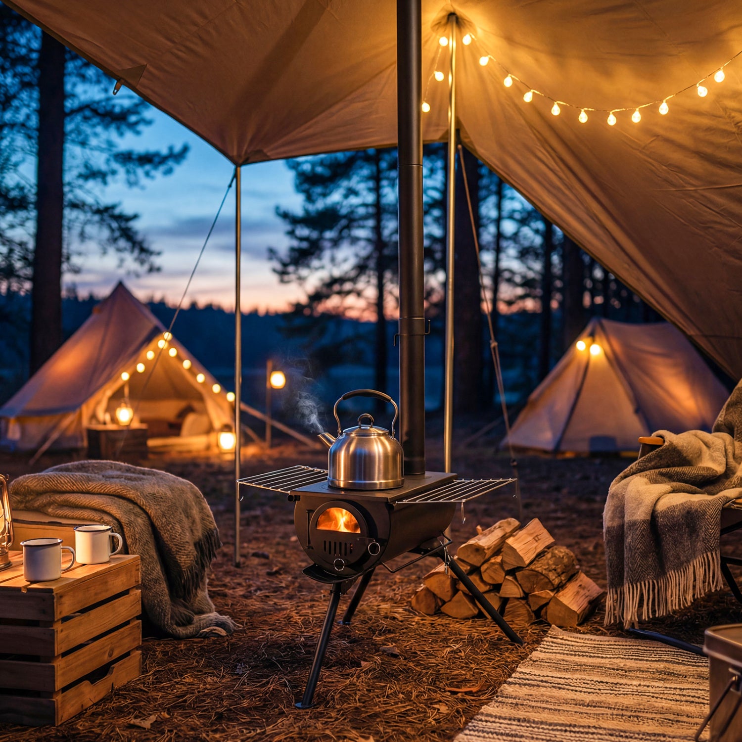 Hot Tent Stove with Chimney Pipes and Foldable Legs for Outdoor Heating