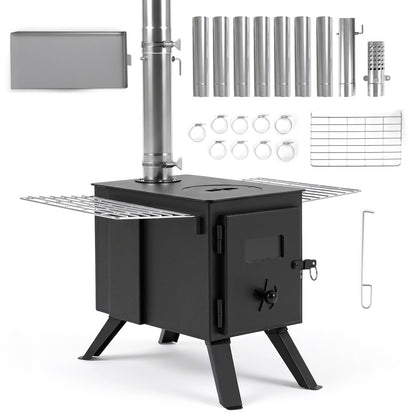 Hot Tent Wood Burning Stove with 8 Chimney Pipes & Ash Tray