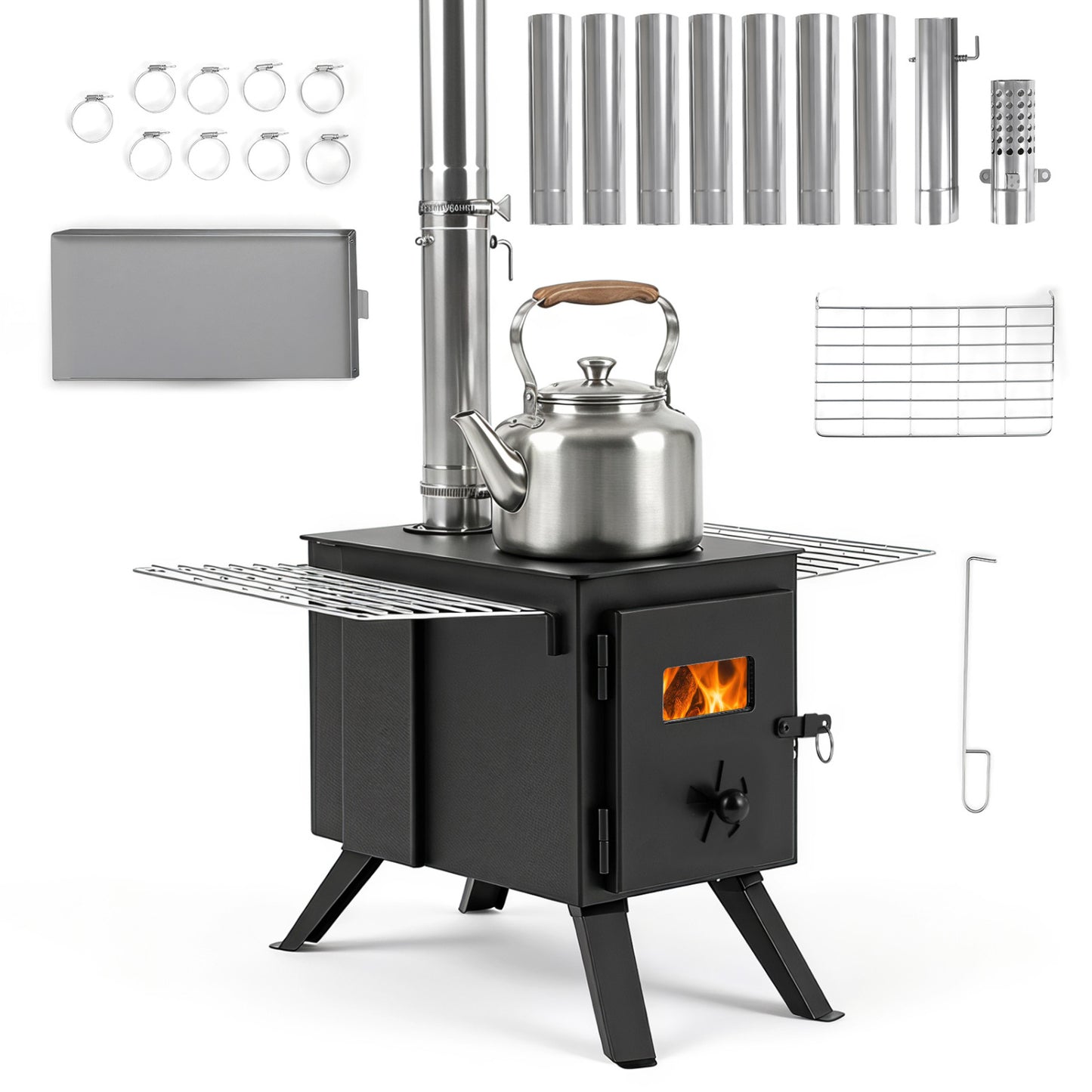 Hot Tent Wood Burning Stove with 8 Chimney Pipes & Ash Tray