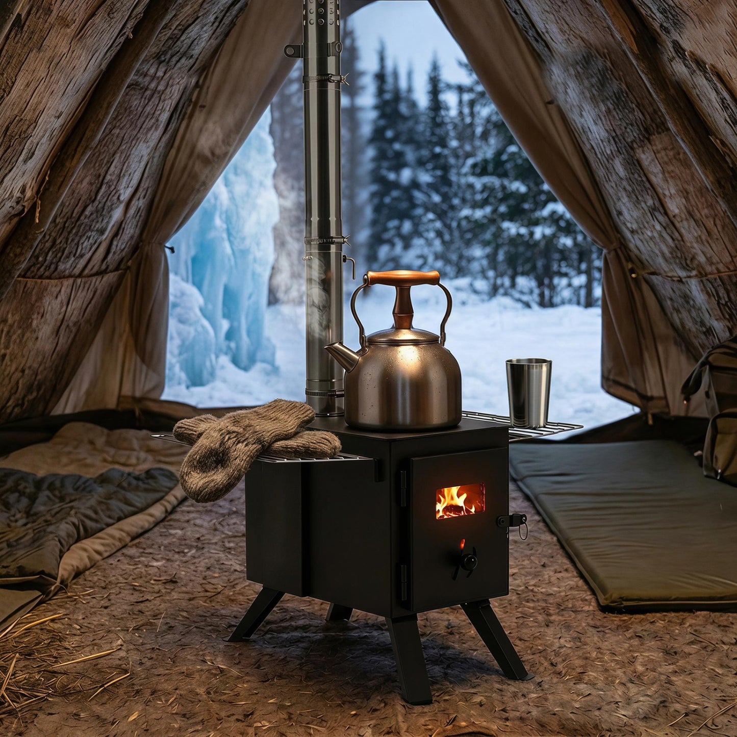 Hot Tent Wood Burning Stove with 8 Chimney Pipes & Ash Tray