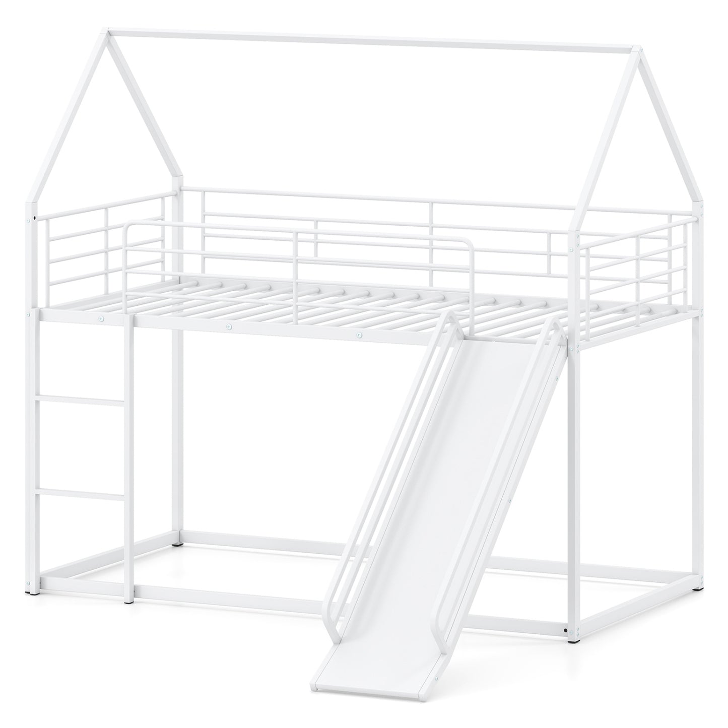 House-shaped Metal Twin Over Twin Low Bunk Bed-Black - White