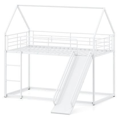 House-shaped Metal Twin Over Twin Low Bunk Bed-Black - White
