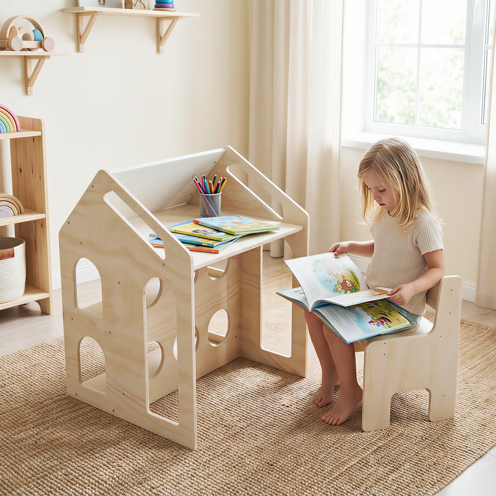 House-shaped Wooden Activity Kids Table Chair Set-Natural