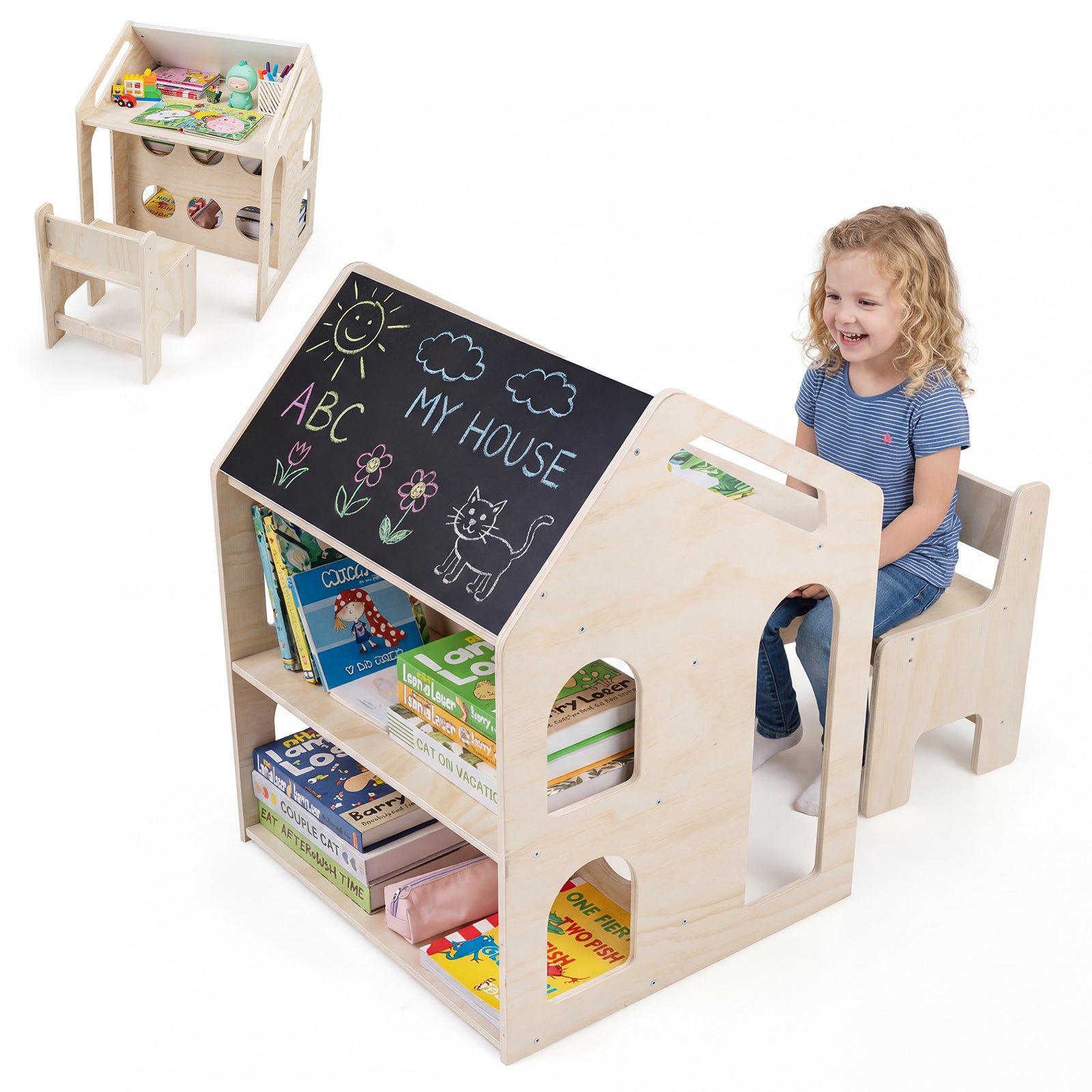 House-shaped Wooden Activity Kids Table Chair Set-Natural