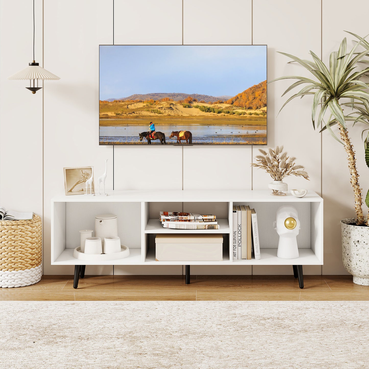 47.5 Inches TV Stand for 55-Inch TV with Compartments and Metal Legs-White