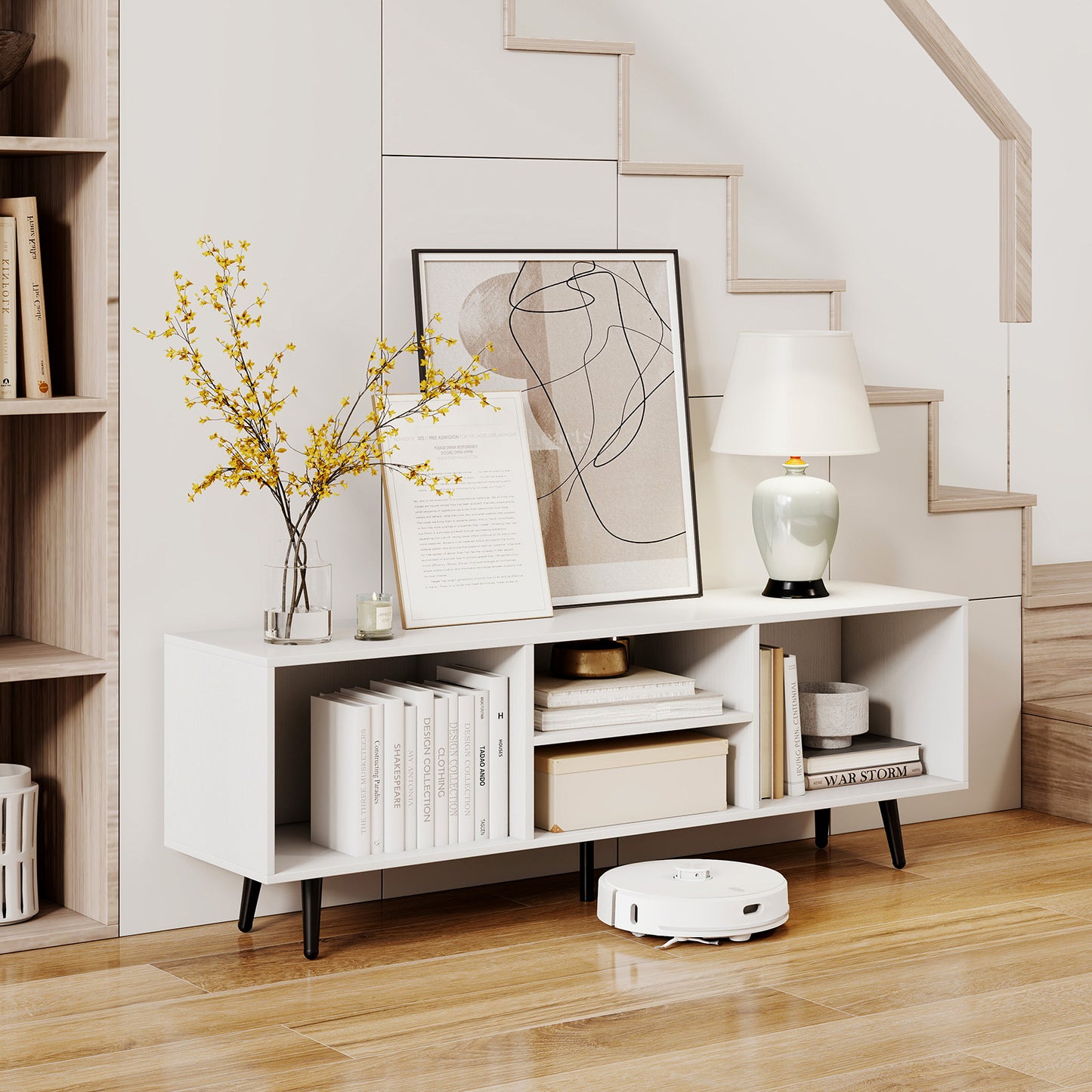 47.5 Inches TV Stand for 55-Inch TV with Compartments and Metal Legs-White