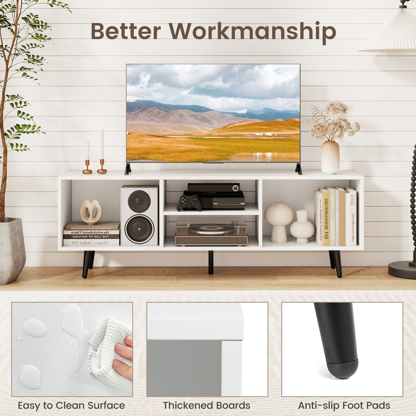 47.5 Inches TV Stand for 55-Inch TV with Compartments and Metal Legs-White