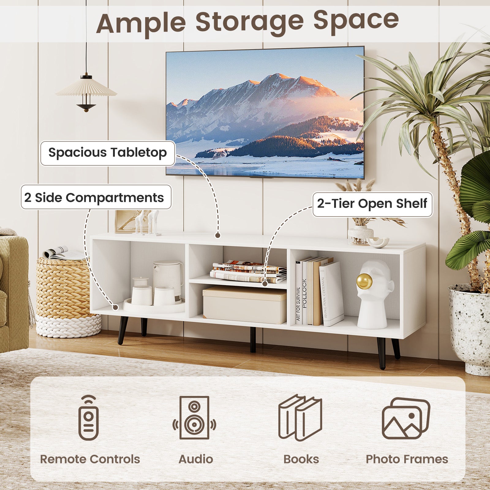 47.5 Inches TV Stand for 55-Inch TV with Compartments and Metal Legs-White