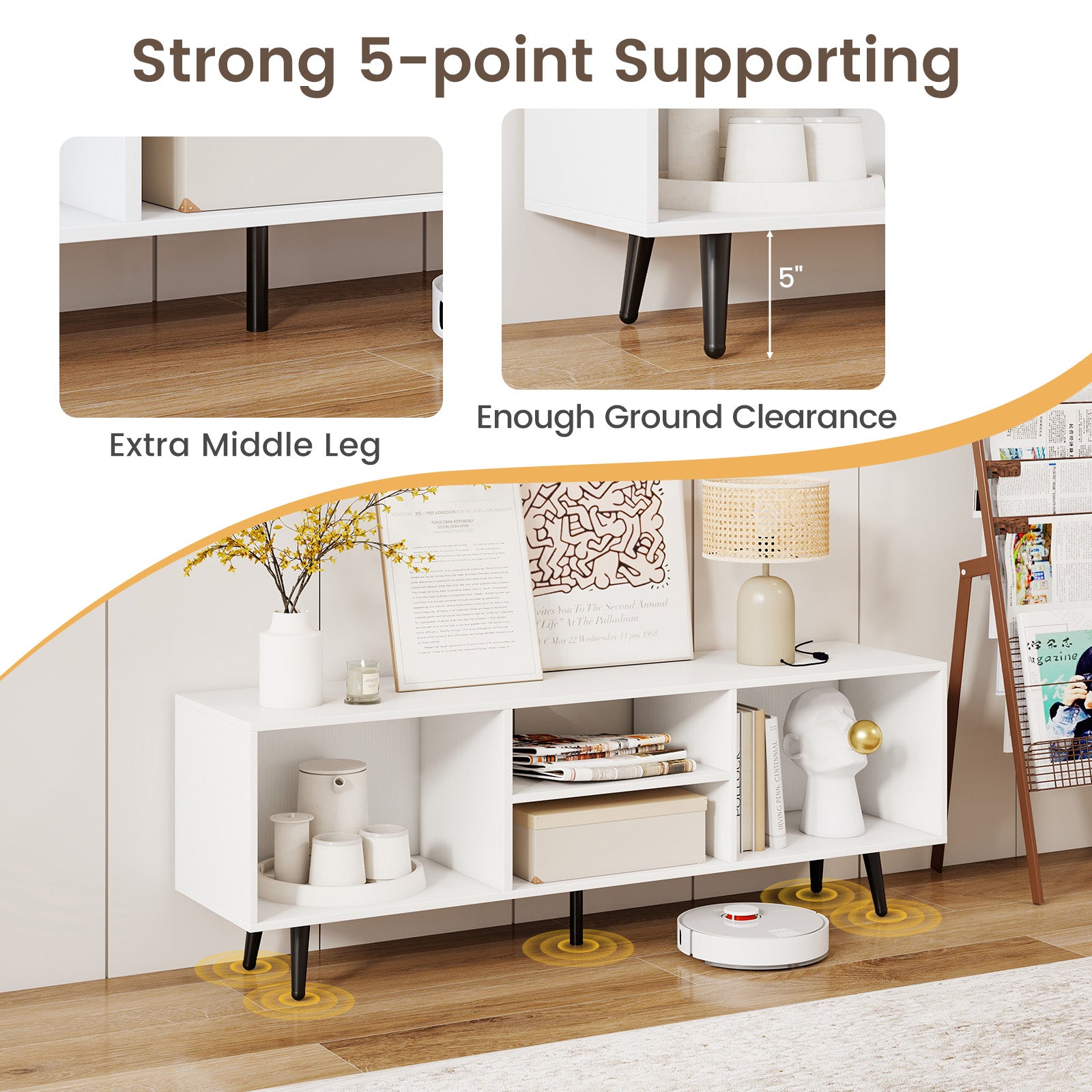 47.5 Inches TV Stand for 55-Inch TV with Compartments and Metal Legs-White