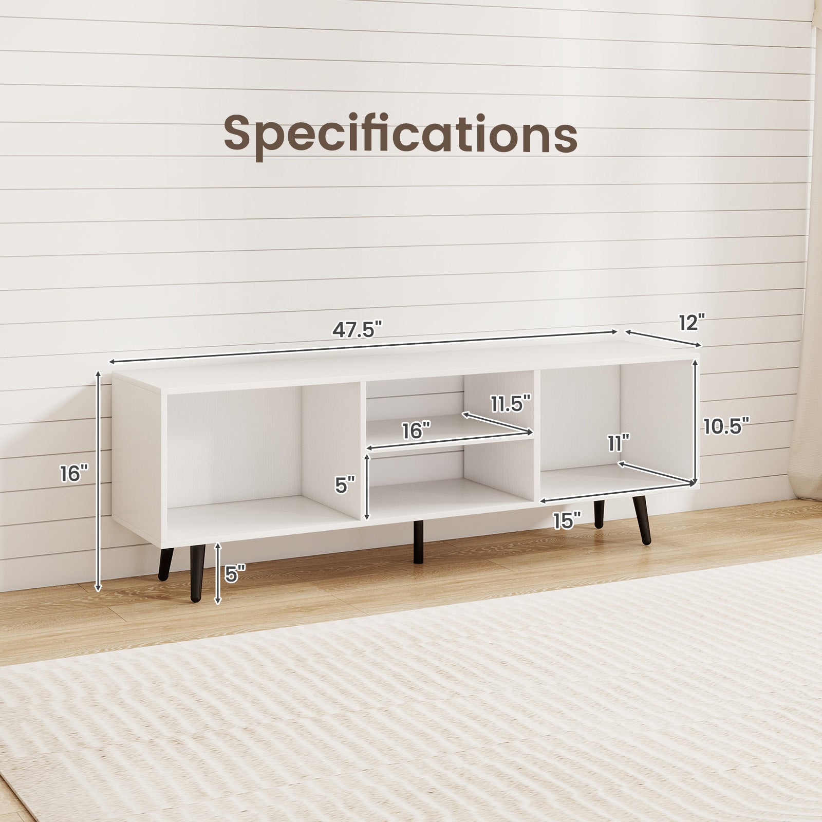47.5 Inches TV Stand for 55-Inch TV with Compartments and Metal Legs-White