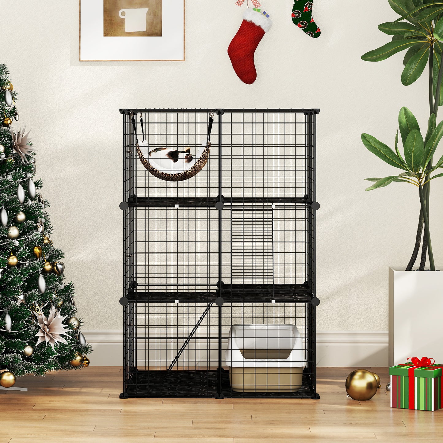 Indoor Cat Cage 3-Tier Cat Enclosure Detachable Metal Wire Kennel-Black