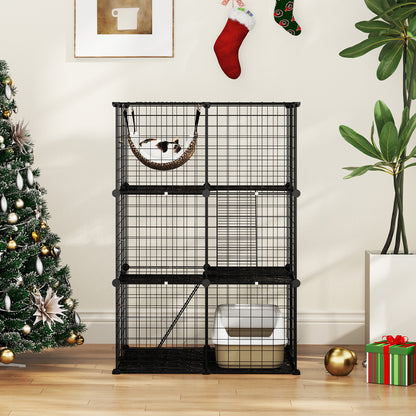 Indoor Cat Cage 3-Tier Cat Enclosure Detachable Metal Wire Kennel-Black