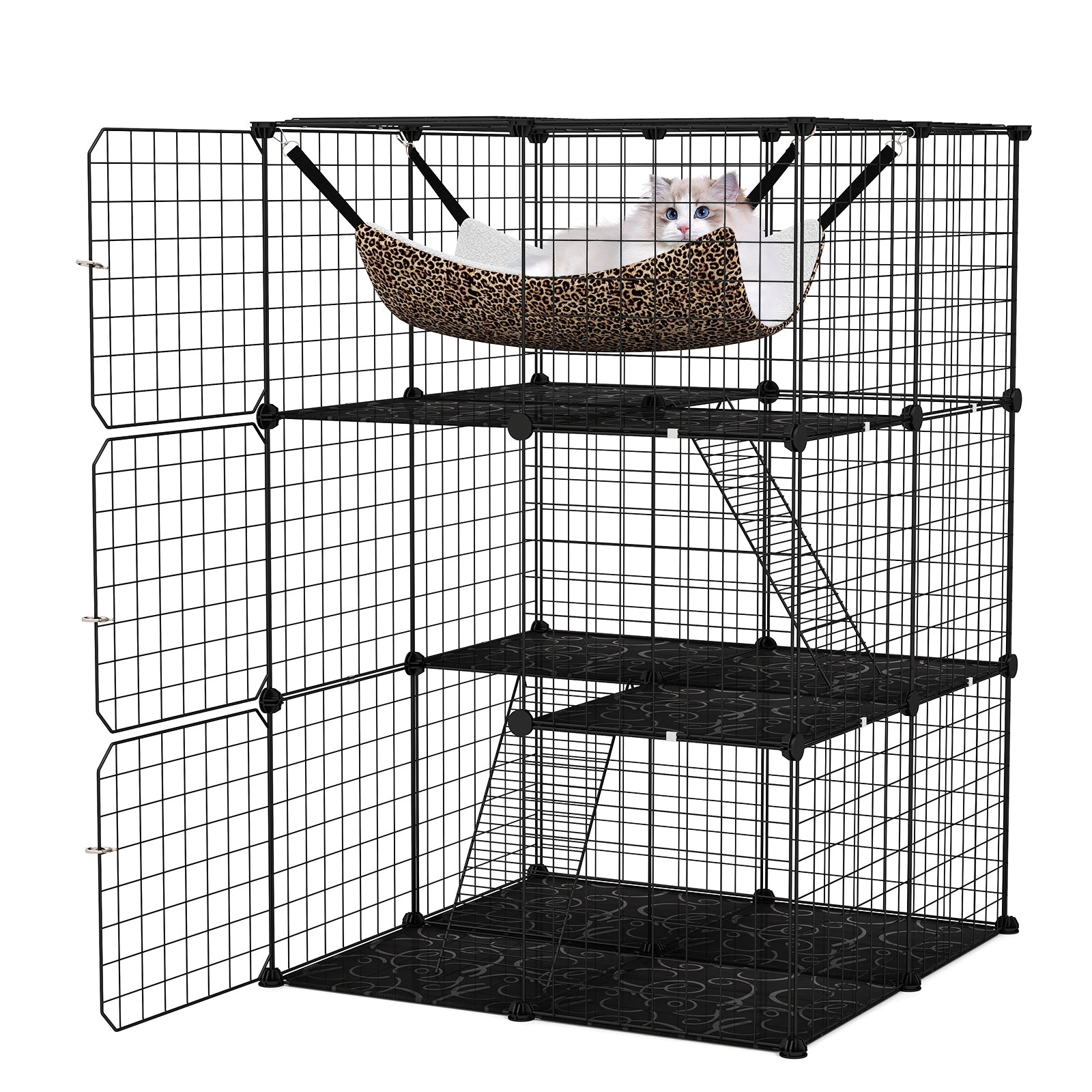 Indoor Cat Cage 3-Tier Cat Enclosure Detachable Metal Wire Kennel-Black