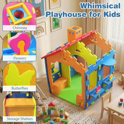 Indoor Cottage Playset with Roof and Chimney for Creative Play-Multicolor