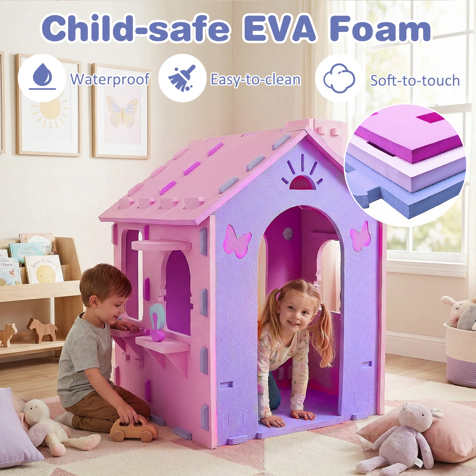Indoor Cottage Playset with Roof and Chimney for Creative Play-Pink & Purple