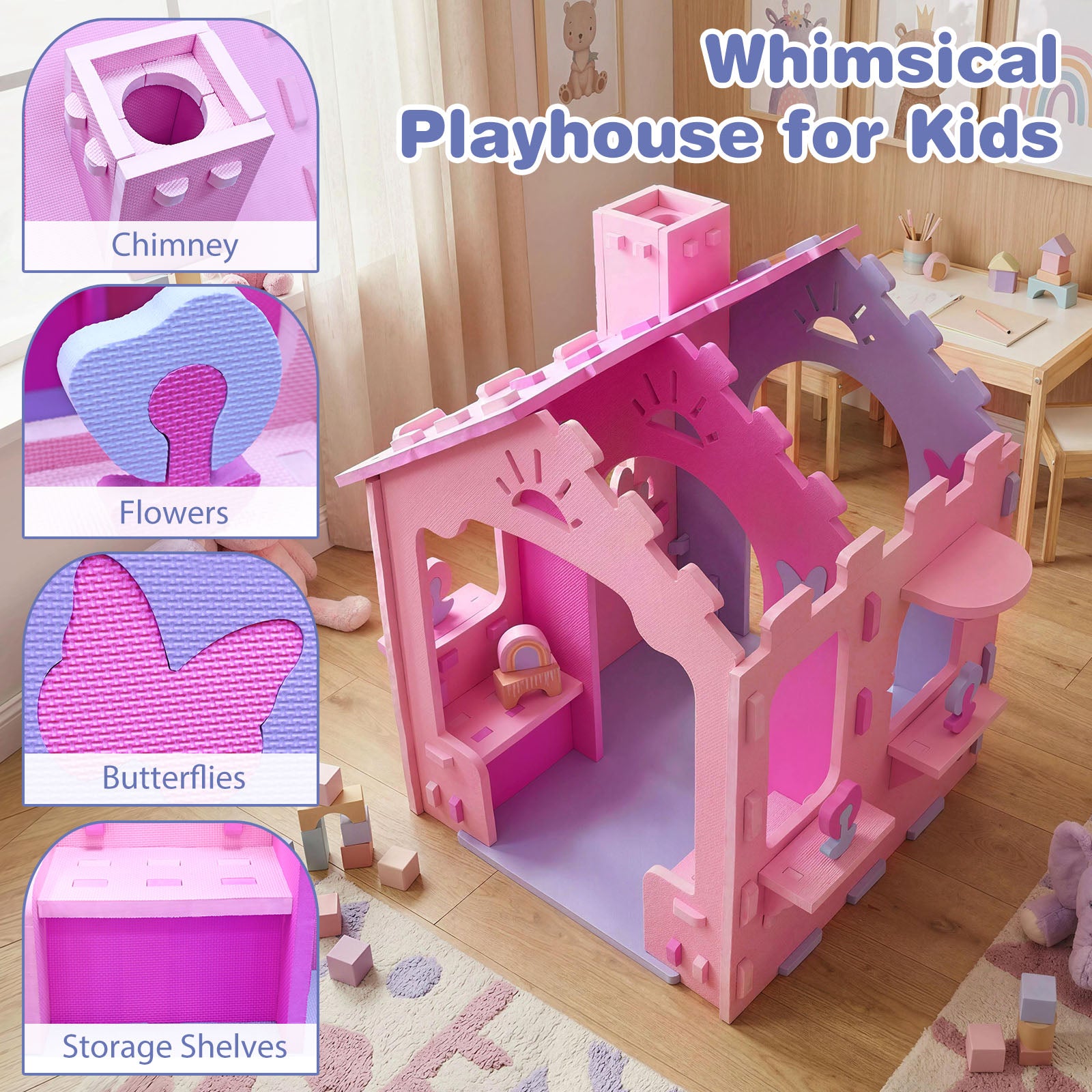 Indoor Cottage Playset with Roof and Chimney for Creative Play-Pink & Purple