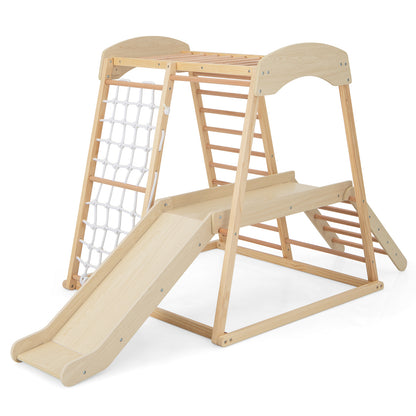 6-in-1 Indoor Jungle Gym Kids Wooden Playground with Monkey Bars-Multicolor - Natural