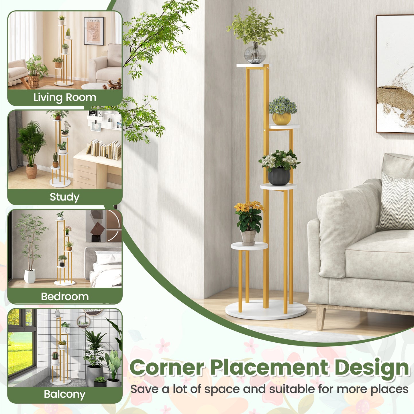 Indoor Metal Plant Stand Corner Plant Shelf for Potted Plant with Golden Metal Frame-White