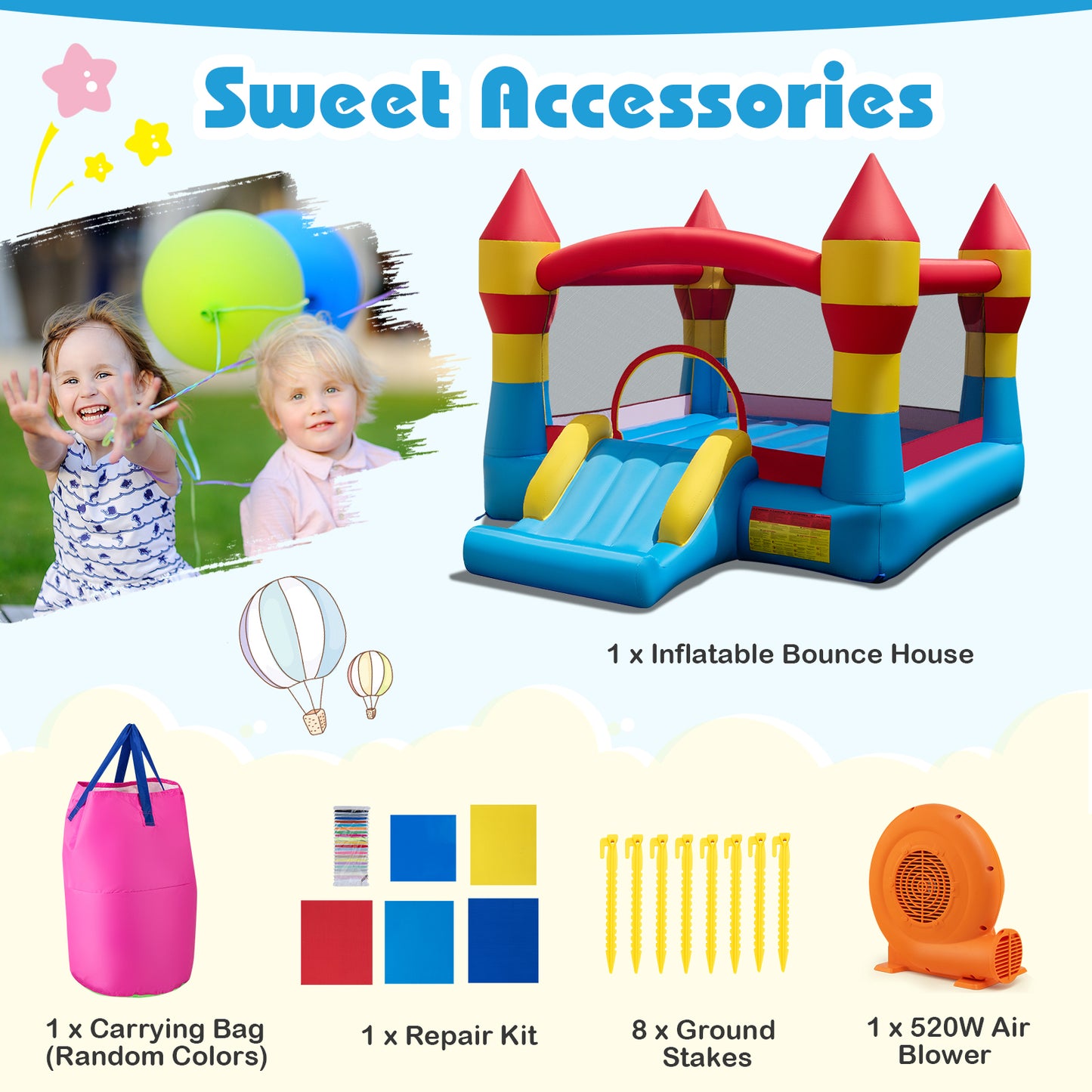 3-in-1 Kids Bouncer with Slide with 520W Blower for Yard