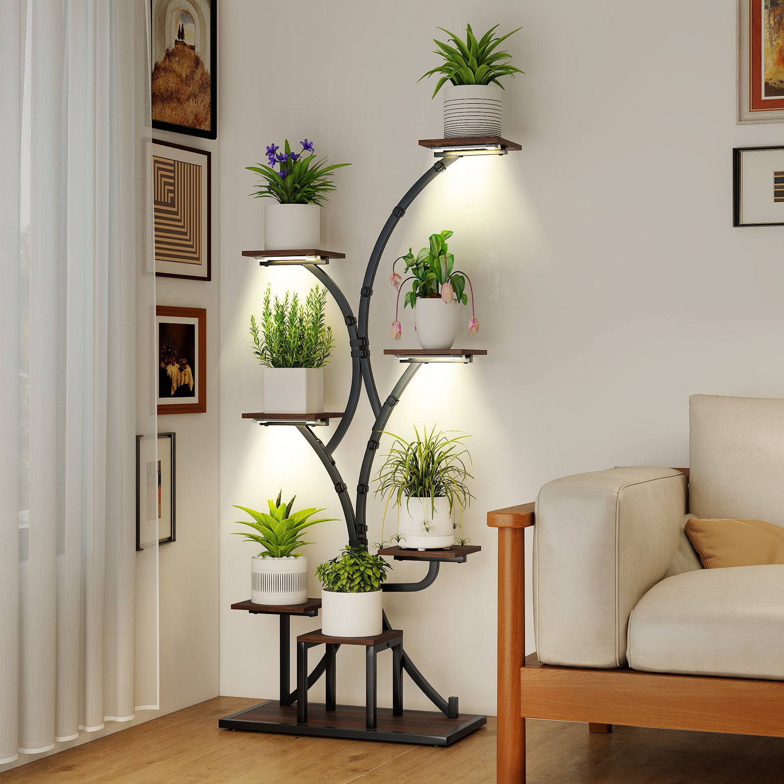 Indoor Plant Stand with Grow Lights 58" Tall 8-Tier Corner Metal Plant Shelf-Set of 2