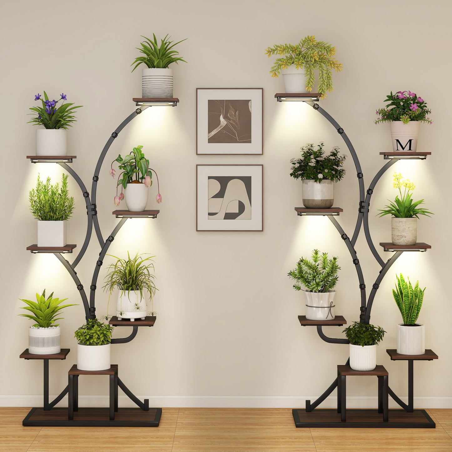 Indoor Plant Stand with Grow Lights 58" Tall 8-Tier Corner Metal Plant Shelf-Set of 2