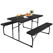 Indoor and Outdoor Folding Picnic Table Bench Set with Wood-like Texture-Black