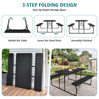 Indoor and Outdoor Folding Picnic Table Bench Set with Wood-like Texture
